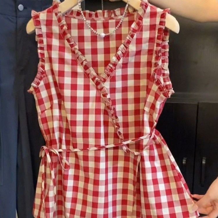 Retro Red Plaid Sleeveless Ves - огляд і ціна Corset Waist Cinch